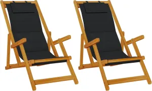 vidaXL Adjustable Folding Beach Chairs Set | 2 Piece Outdoor Seating Ergonomic Recliner Portable Camping Chair Solid Acacia Wood & Textilene Brown and Black Color Lounge with Armrest Reclining