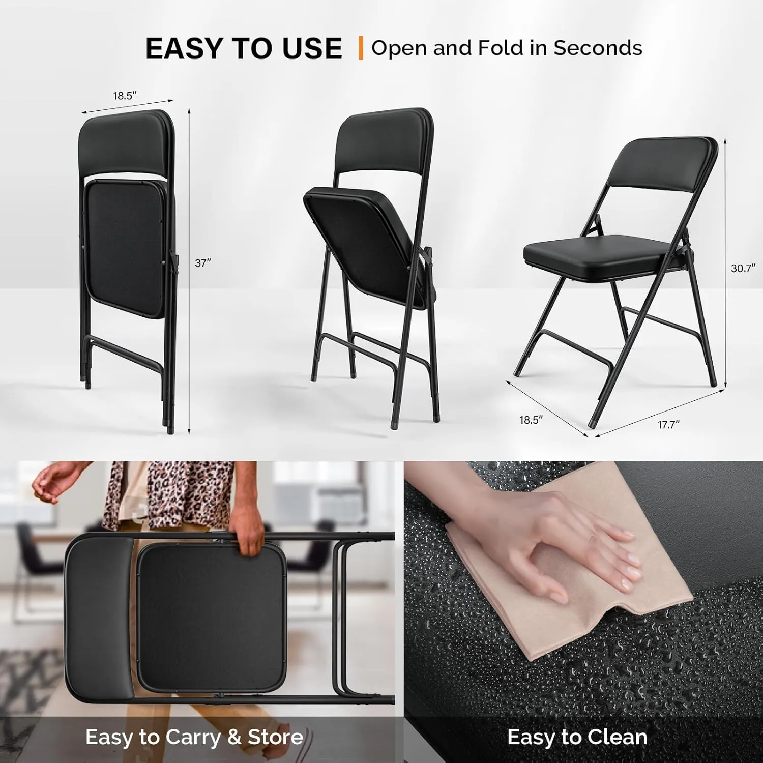 VINGLI Padded Folding Chairs with Thick Seat Cushion, Portable, Durable & Extra Comfortable Foldable Chairs for Indoor & Outdoor Events, Banquet, Party, Dinning, Work, Craft, PU, Black, 1 Pack