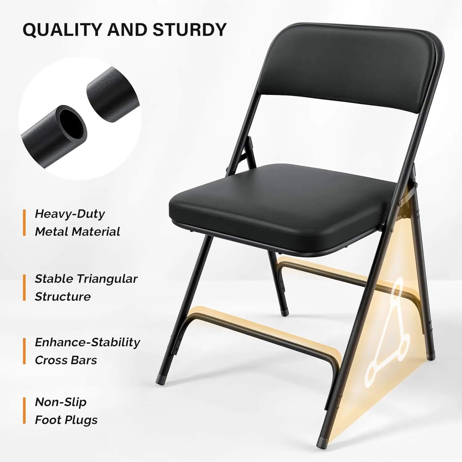 VINGLI Padded Folding Chairs with Thick Seat Cushion, Portable, Durable & Extra Comfortable Foldable Chairs for Indoor & Outdoor Events, Banquet, Party, Dinning, Work, Craft, PU, Black, 1 Pack