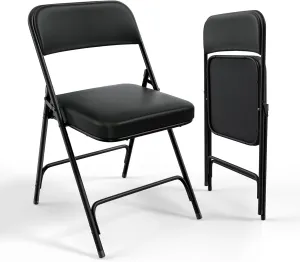 VINGLI Padded Folding Chairs with Thick Seat Cushion, Portable, Durable & Extra Comfortable Foldable Chairs for Indoor & Outdoor Events, Banquet, Party, Dinning, Work, Craft, PU, Black, 2 Pack