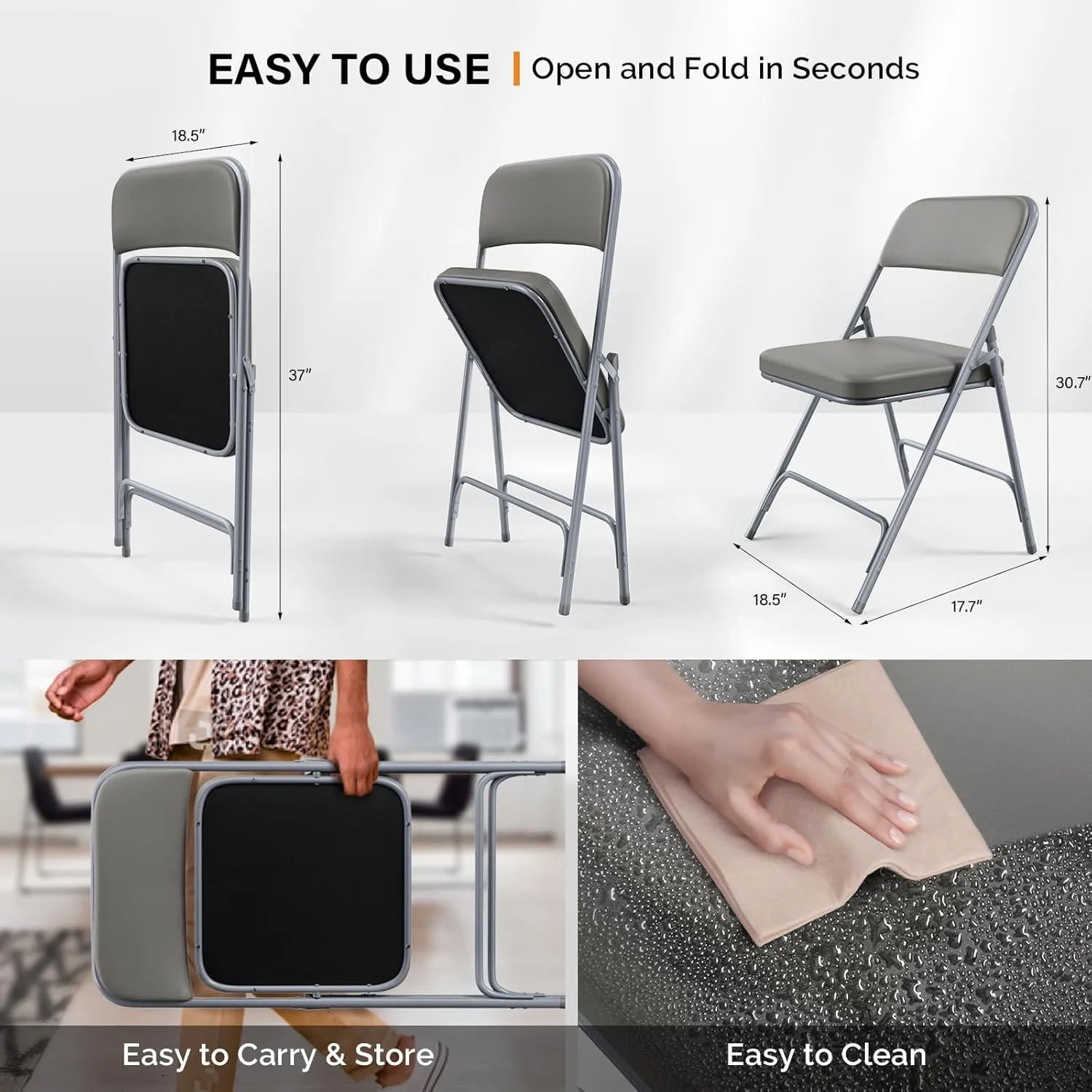 VINGLI Padded Folding Chairs with Thick Seat Cushion, Portable, Durable & Extra Comfortable Foldable Chairs for Indoor & Outdoor Events, Banquet, Party, Dinning, Work, Craft, PU, Gray, 2 Pack