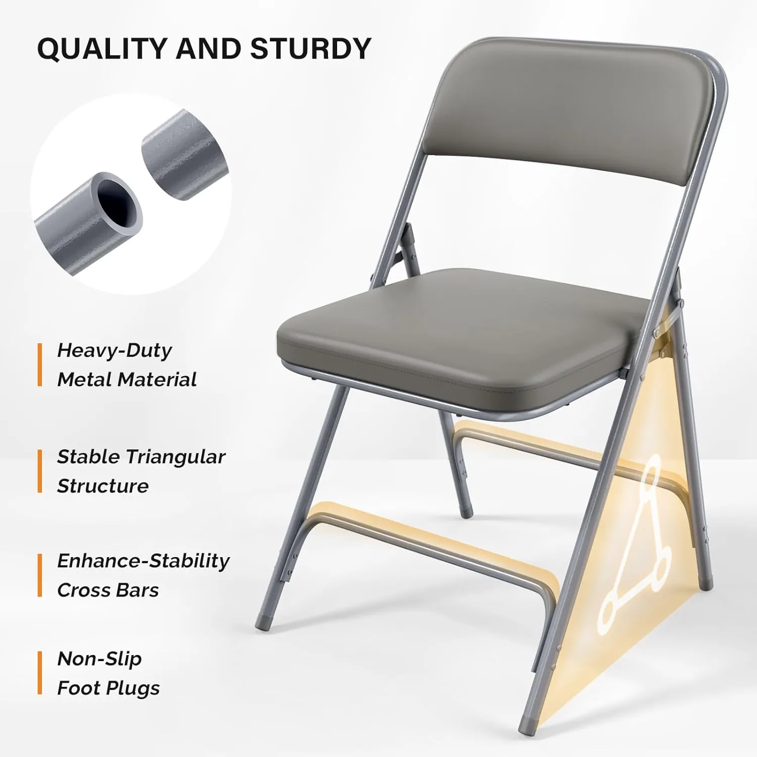 VINGLI Padded Folding Chairs with Thick Seat Cushion, Portable, Durable & Extra Comfortable Foldable Chairs for Indoor & Outdoor Events, Banquet, Party, Dinning, Work, Craft, PU, Gray, 2 Pack