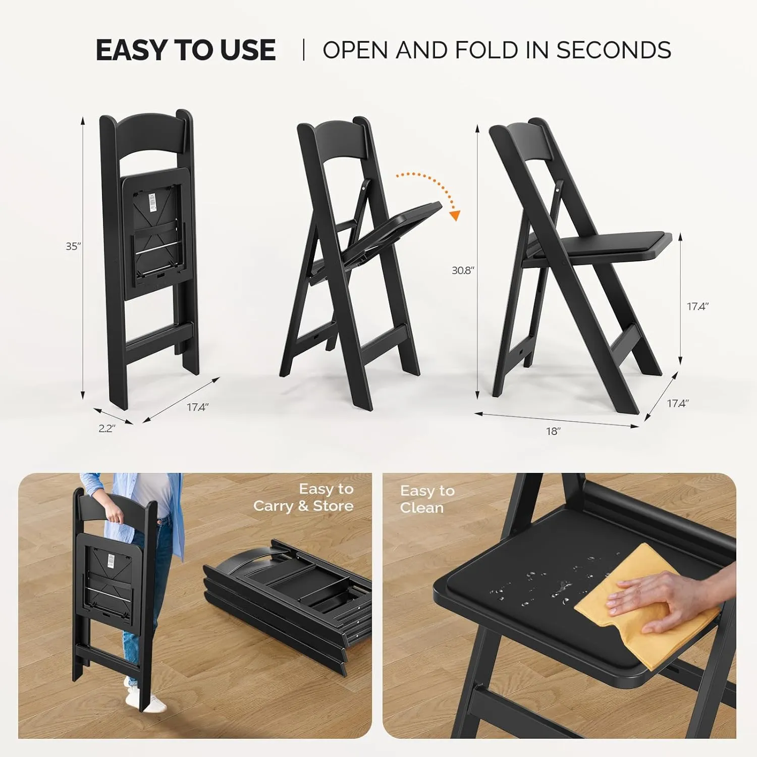 VINGLI Resin Folding Chairs with Cushion, Foldable Plastic Chair with Comfortable Padded Seats, Perfect for Event Party Indoor Outdoor, Black, 4 PC