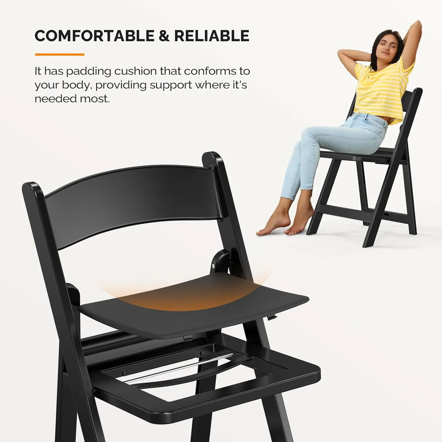 VINGLI Resin Folding Chairs with Cushion, Foldable Plastic Chair with Comfortable Padded Seats, Perfect for Event Party Indoor Outdoor, Black, 4 PC