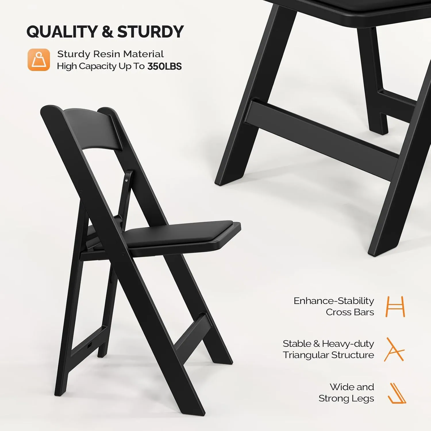 VINGLI Resin Folding Chairs with Cushion, Foldable Plastic Chair with Comfortable Padded Seats, Perfect for Event Party Indoor Outdoor, Black, 4 PC