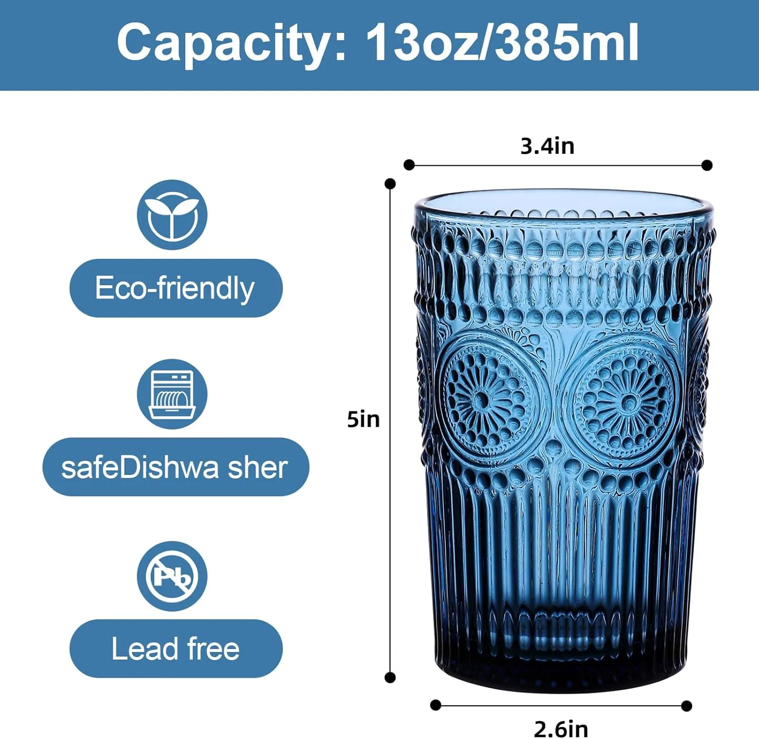 Vintage Glassware Drinking Glasses Set of 6,13 oz Blue Textured Flower Design Glass Water Tumblers，Embossed Striped Drinkware for Water,Cocktails,Juice,Iced Coffee