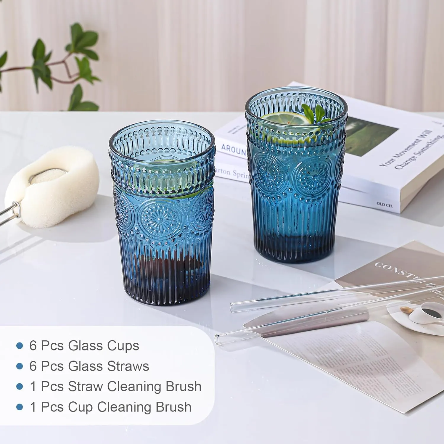 Vintage Glassware Drinking Glasses Set of 6,13 oz Blue Textured Flower Design Glass Water Tumblers，Embossed Striped Drinkware for Water,Cocktails,Juice,Iced Coffee