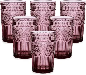 Vintage Glassware Drinking Glasses Set of 6,13 oz Purple Textured Flower Design Glass Water Tumblers，Embossed Striped Drinkware for Water,Cocktails,Juice,Iced Coffee