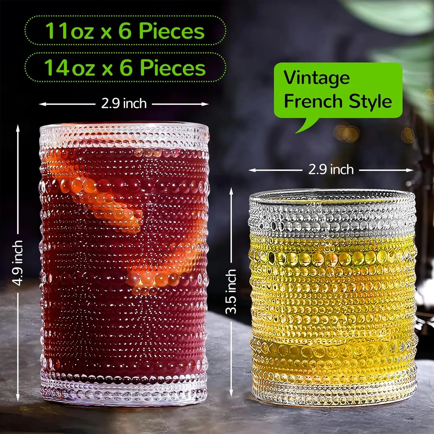Vintage Hobnail Drinking Glasses Set of 12-14 oz Old Fashioned Water Glass Cups & 11 oz Cocktail Glasses, Aesthetic Kitchen Bar Tumbler Glassware Gifts Sets for Smoothie, Juice, Coffee, Wine