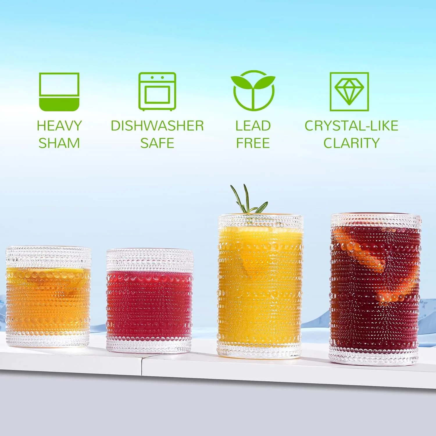 Vintage Hobnail Drinking Glasses Set of 12-14 oz Old Fashioned Water Glass Cups & 11 oz Cocktail Glasses, Aesthetic Kitchen Bar Tumbler Glassware Gifts Sets for Smoothie, Juice, Coffee, Wine