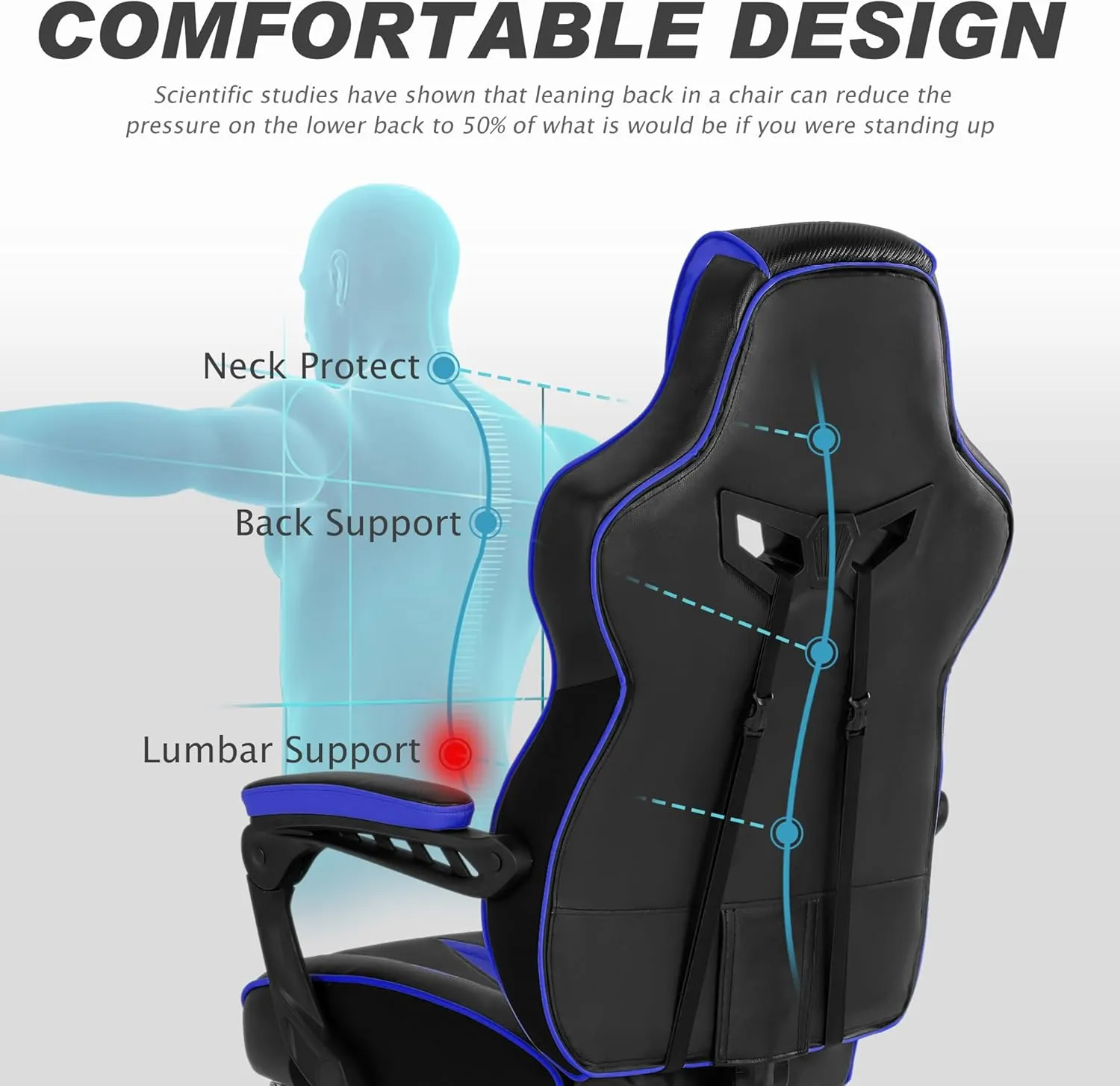Vonesse Gaming Chair Adults Massage Gamer Chair with Footrest Reclining Big and Tall Gaming Chair Ergonomic Computer Chairs for Heavy People 300LBS (Blue/Black)
