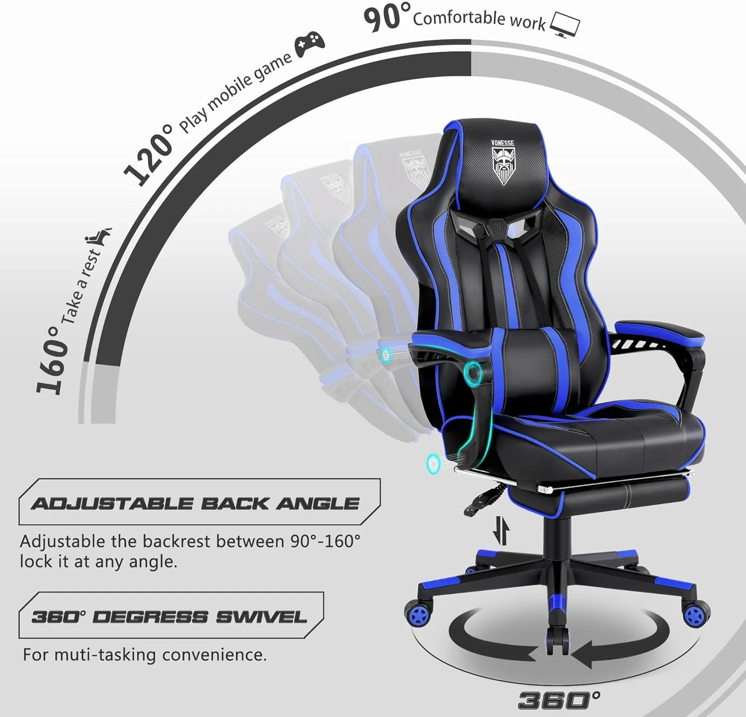 Vonesse Gaming Chair Adults Massage Gamer Chair with Footrest Reclining Big and Tall Gaming Chair Ergonomic Computer Chairs for Heavy People 300LBS (Blue/Black)