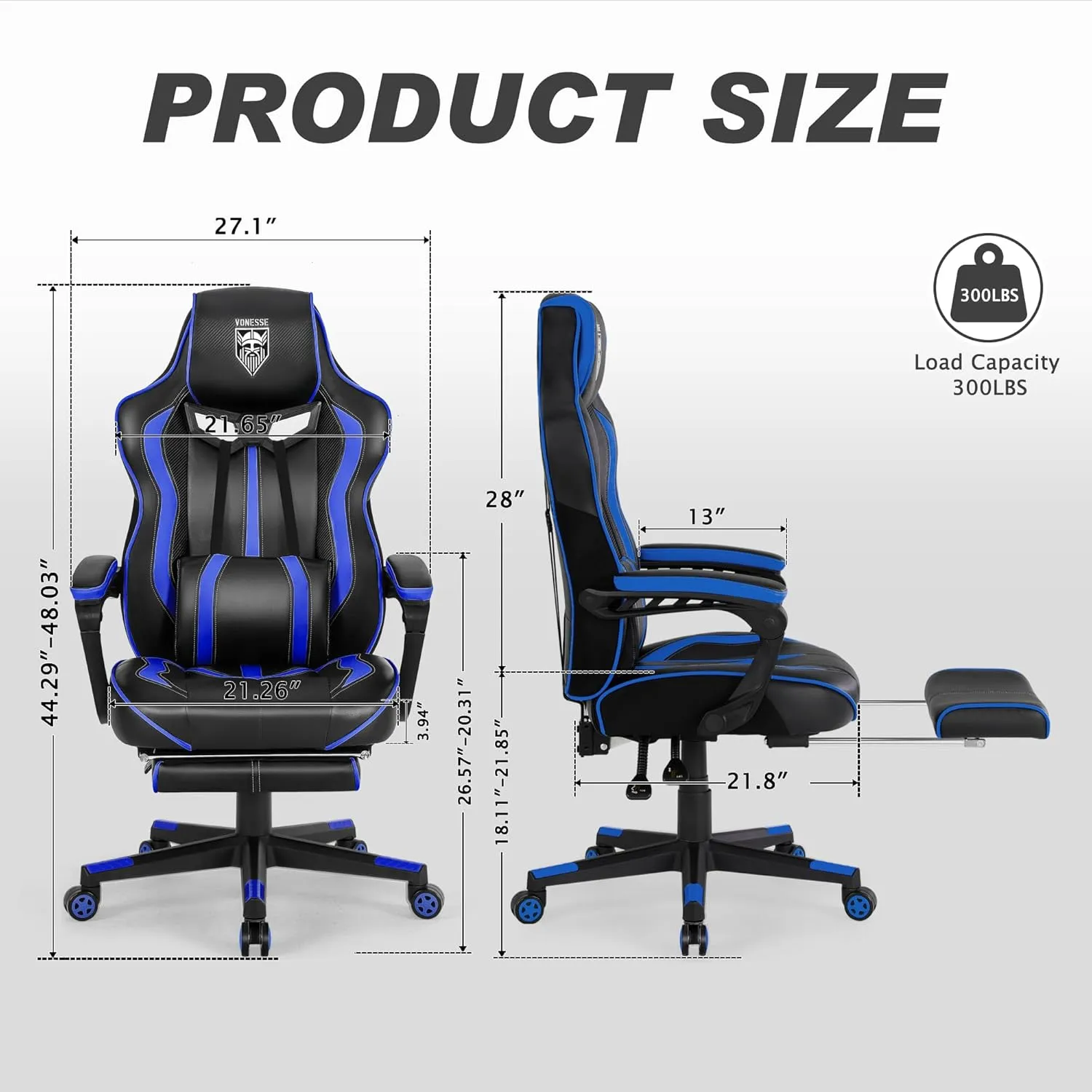 Vonesse Gaming Chair Adults Massage Gamer Chair with Footrest Reclining Big and Tall Gaming Chair Ergonomic Computer Chairs for Heavy People 300LBS (Blue/Black)