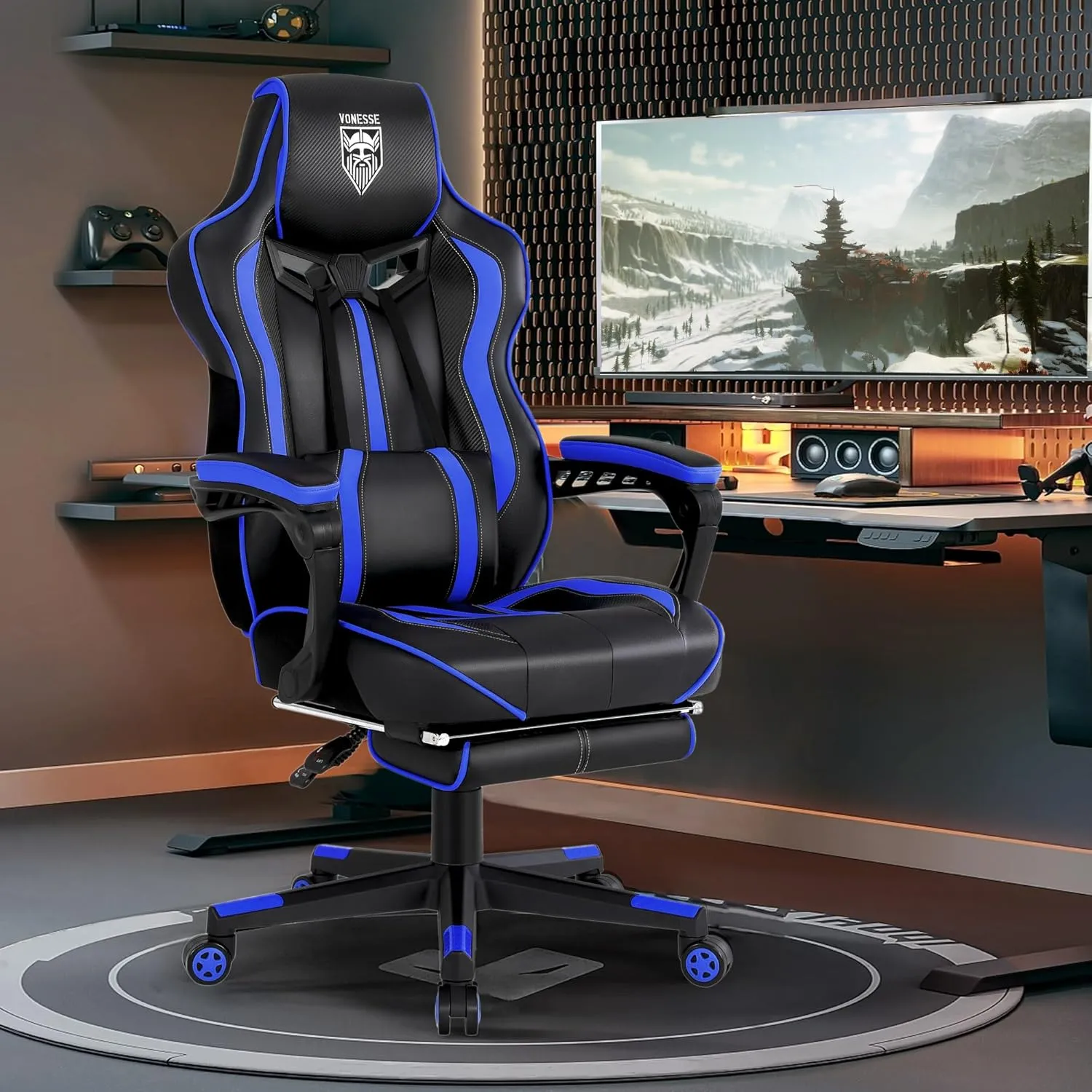 Vonesse Gaming Chair Adults Massage Gamer Chair with Footrest Reclining Big and Tall Gaming Chair Ergonomic Computer Chairs for Heavy People 300LBS (Blue/Black)