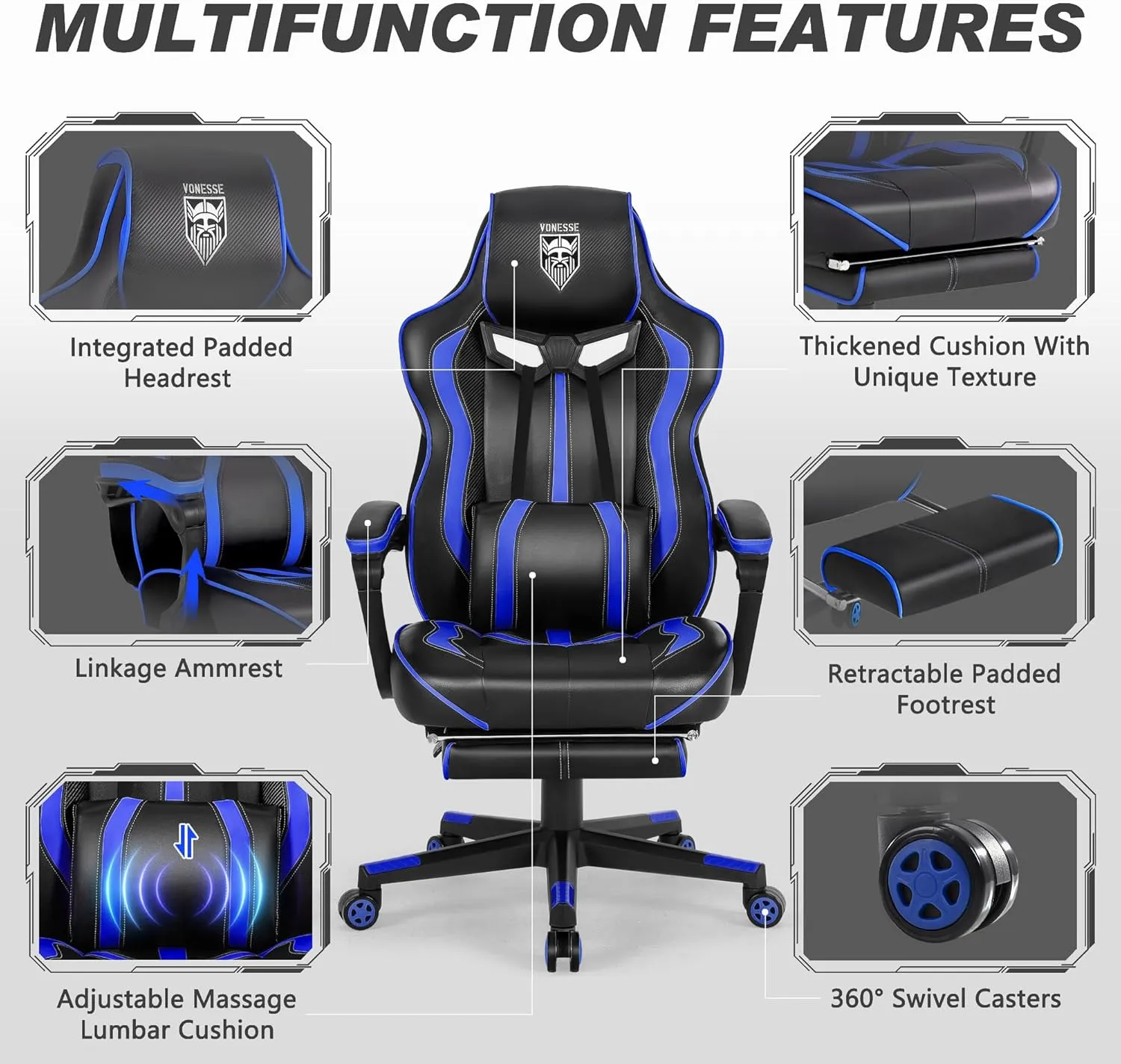 Vonesse Gaming Chair Adults Massage Gamer Chair with Footrest Reclining Big and Tall Gaming Chair Ergonomic Computer Chairs for Heavy People 300LBS (Blue/Black)