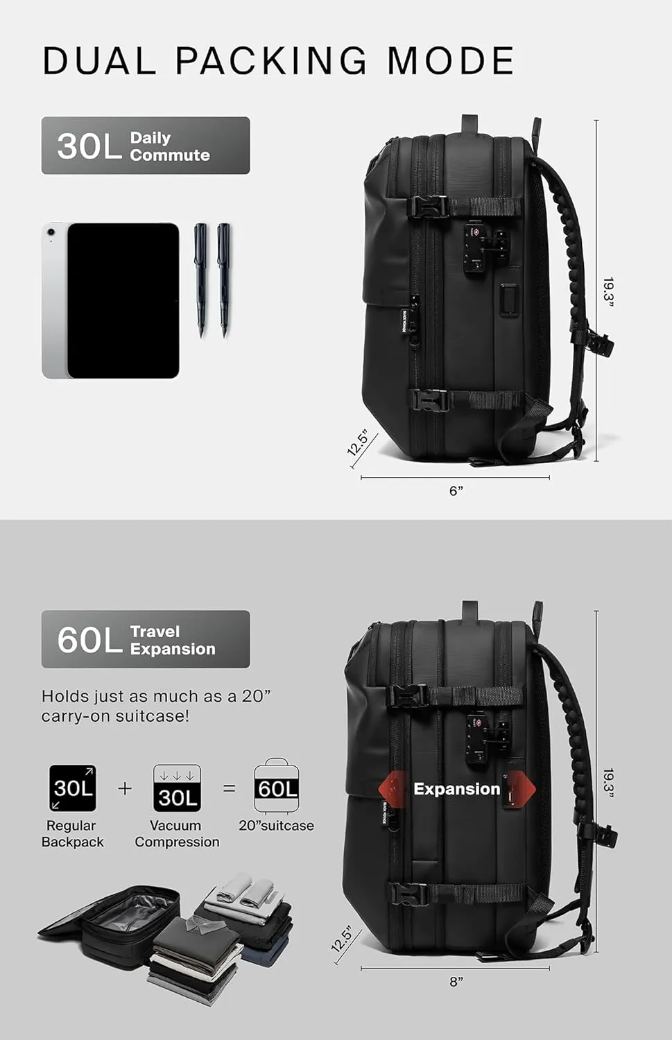 Vortex Vacuum Seal Travel Backpack 60L Exapandable Air Compression System Water Resistant TSA Lock Carry-On Suitcase Luggage Black AERO - No Vacuum Pump
