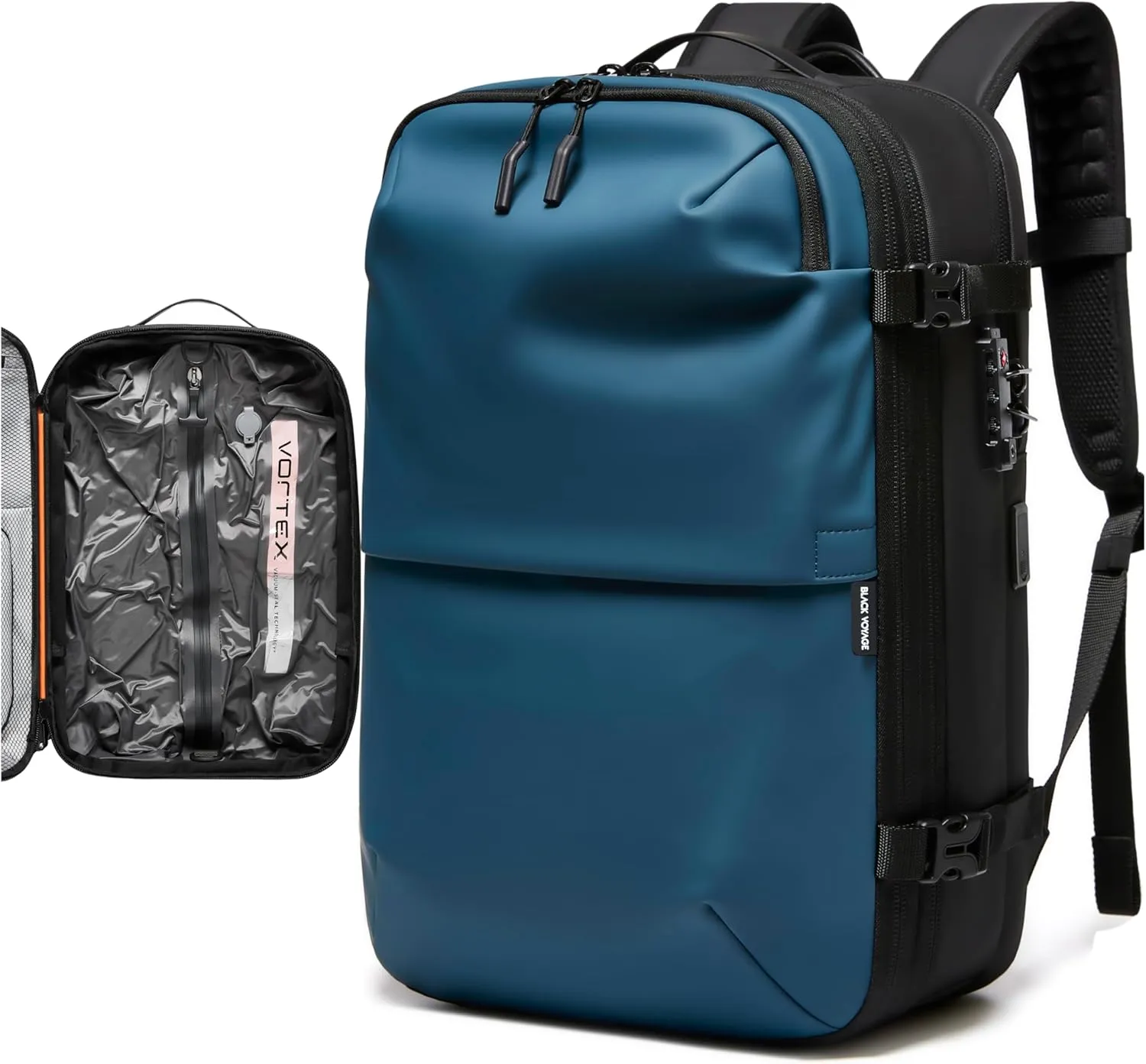 Vortex Vacuum Seal Travel Backpack 60L Exapandable Air Compression System Water Resistant TSA Lock Carry-On Suitcase Luggage Black AERO - Vacuum Pump Included