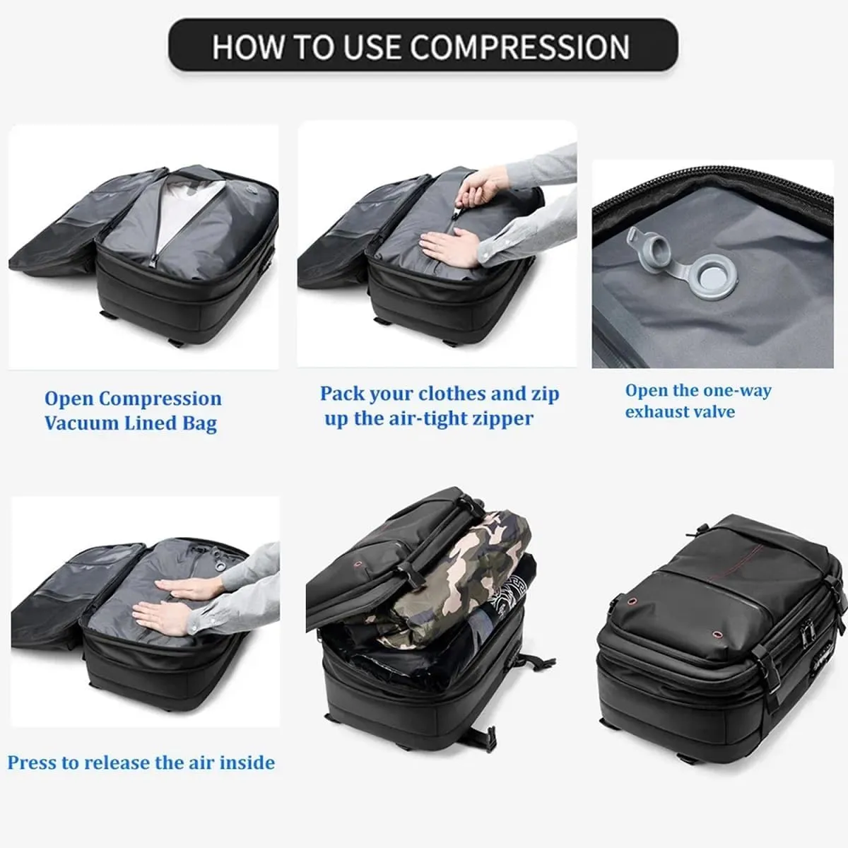 Voyagevac Backpack, Vacpack Backpack with Vacuum, 60L Expandable, Vacuum Compression Waterproof Travel Adventure Commuting (Black with Vacuum Tool)