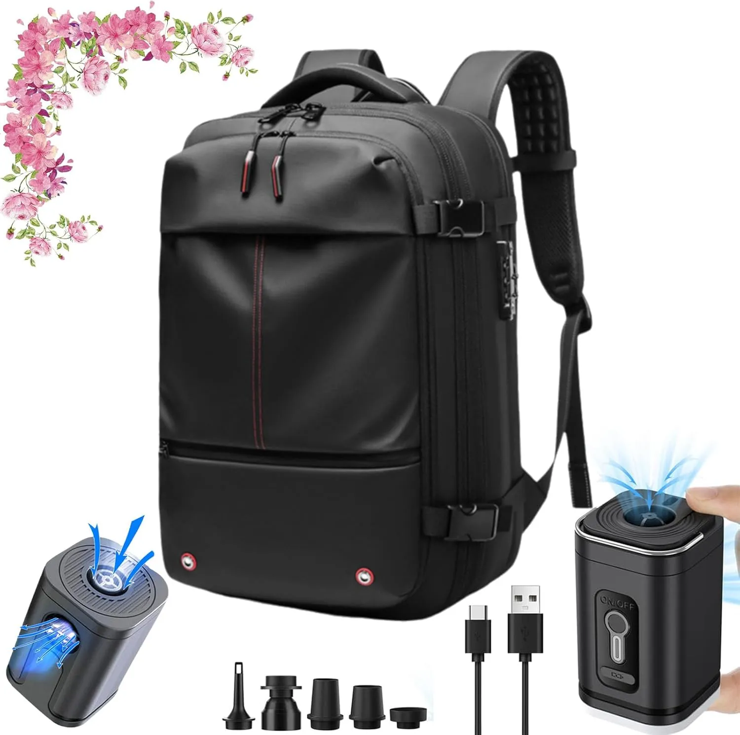 Voyagevac Backpack, Vacpack Backpack with Vacuum, 60L Expandable, Vacuum Compression Waterproof Travel Adventure Commuting (Black with Vacuum Tool)