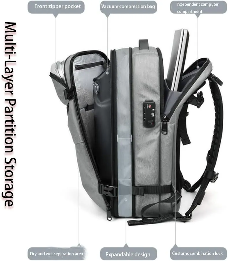 Voyagevac Backpack,Upgraded Expandable Waterproof Vacuum Bag, Anti-Theft Vacuum Backpack That Can Be Vacuumed with One Button (Light gray regular model)