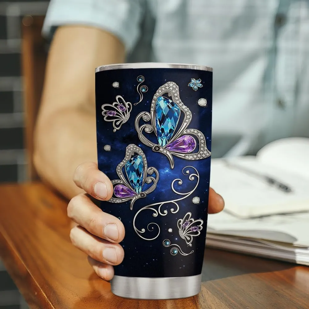 Wassmin Butterfly Tumbler Butterflies Gift For Women Girls Teen Jewelry Drawing Style Stainless Steel Insulated Tumblers Coffee Travel Mug 20oz Cup With Lid Birthday Christmas Presents