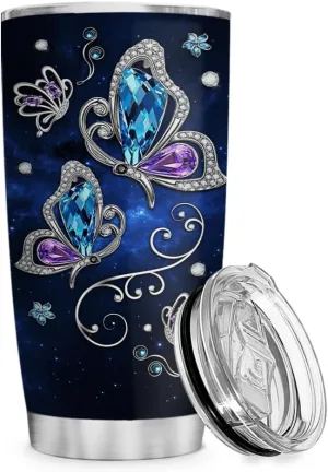Wassmin Butterfly Tumbler Butterflies Gift For Women Girls Teen Jewelry Drawing Style Stainless Steel Insulated Tumblers Coffee Travel Mug 20oz Cup With Lid Birthday Christmas Presents