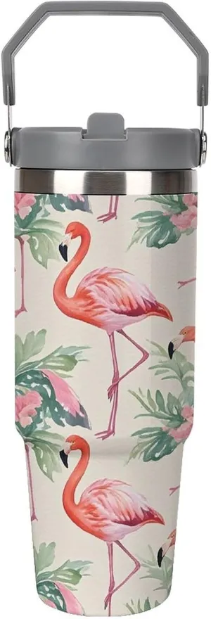 Watercolor Flamingo Car Cup Large Capacity Vacuum Insulated Water Bottle Tumbler Fits in Car Cup Holder Leak-proof Stainless Steel Travel Mug for Home Office Outdoors