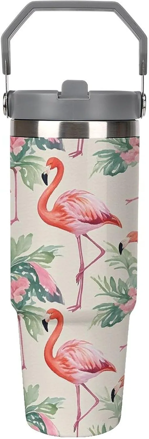 Watercolor Flamingo Car Cup Large Capacity Vacuum Insulated Water Bottle Tumbler Fits in Car Cup Holder Leak-proof Stainless Steel Travel Mug for Home Office Outdoors