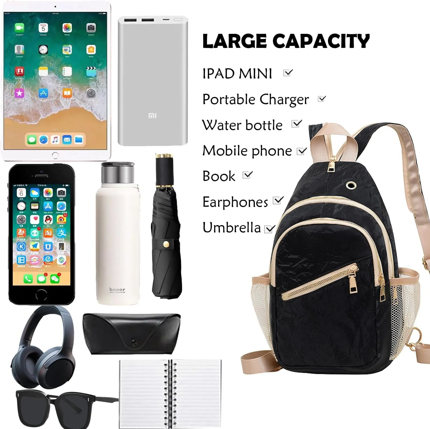 Waterproof Sling Backpack Crossbody Shoulder Bag for Women Men, Crossbody Bag Casual Daypack Travel Hiking Adjustable Chest Bag
