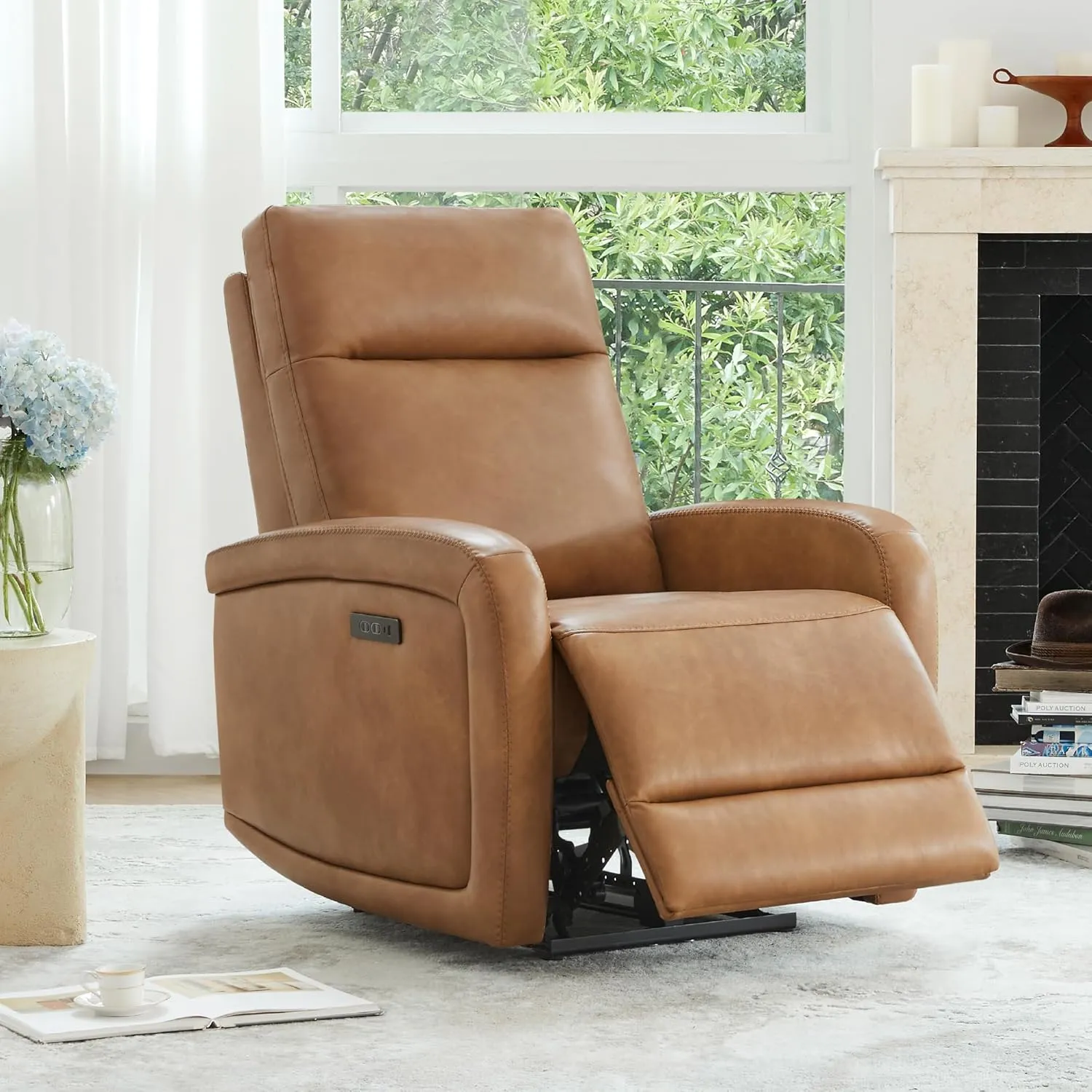 Watson & Whitely Power Recliner Chairs for Adults, Zero Wall Recliners W Power Headrest Type-C Charger, Small Faux Leather Home Theater Seating for Living Room & RV, Cognac Brown