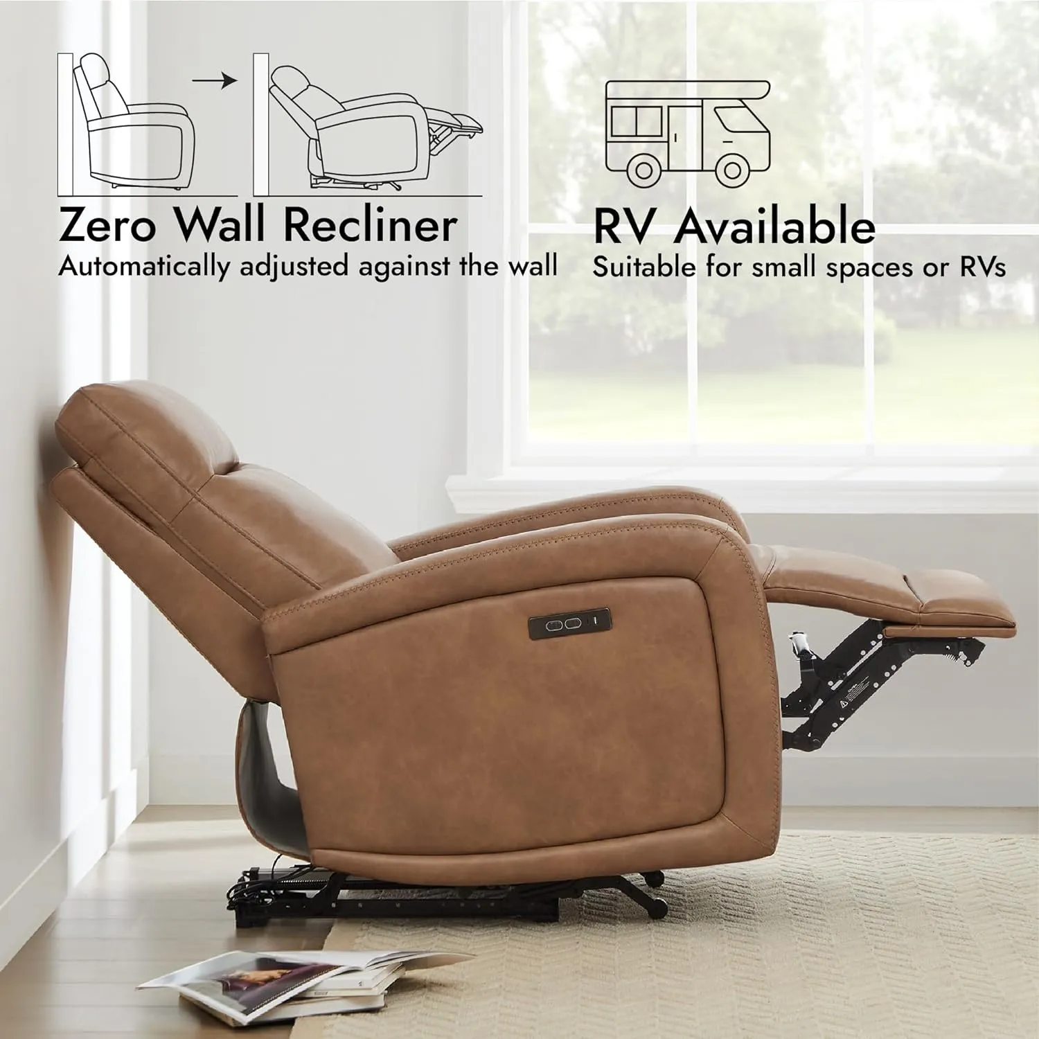 Watson & Whitely Power Recliner Chairs for Adults, Zero Wall Recliners W Power Headrest Type-C Charger, Small Faux Leather Home Theater Seating for Living Room & RV, Cognac Brown