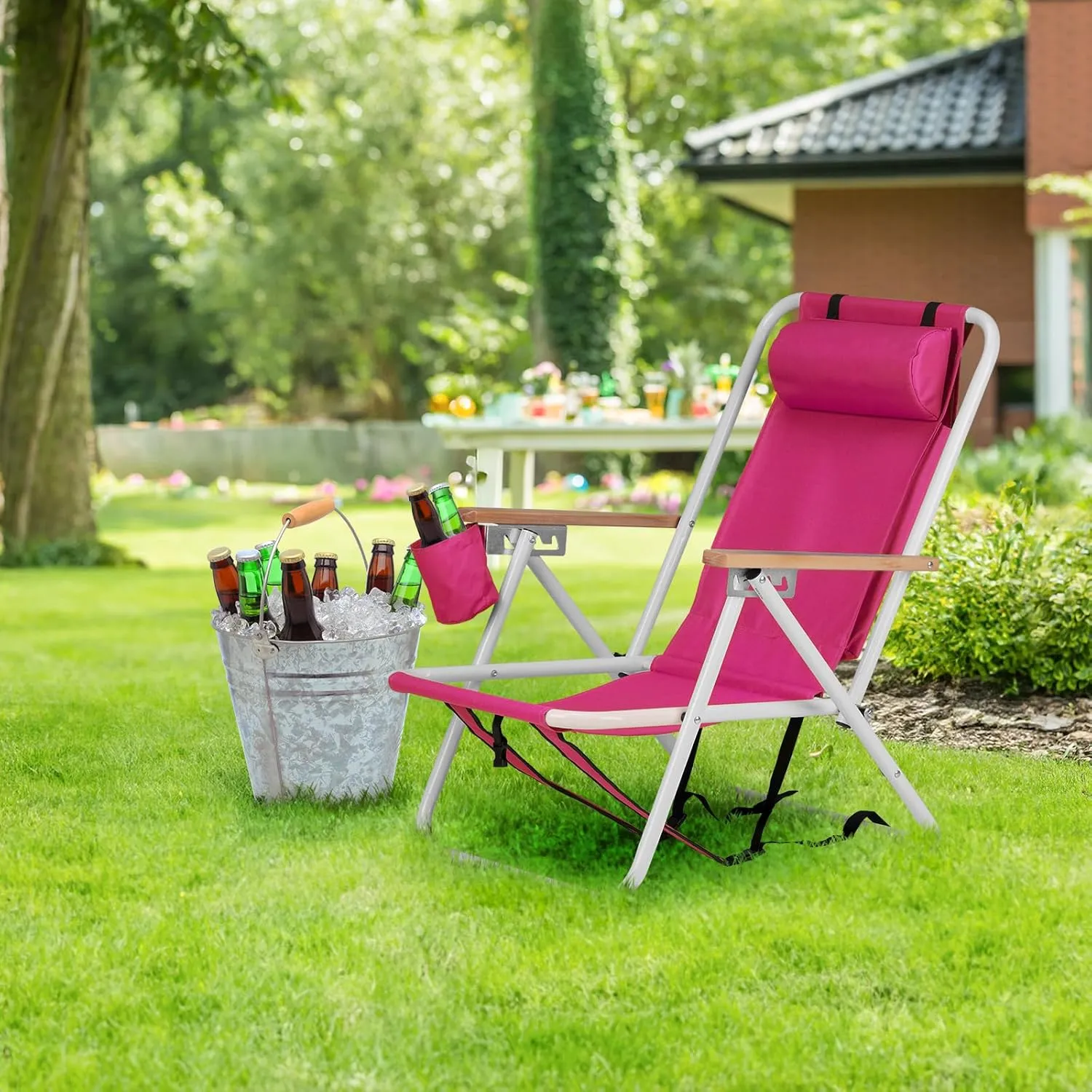 WEI WEI GLOBAL Folding Beach Chair with 4 Positions, Portable Backpack Design Chair, Adjustable Reclining Camping Chair, Portable Foldable Outdoor Chair for Outdoor Use, Pink