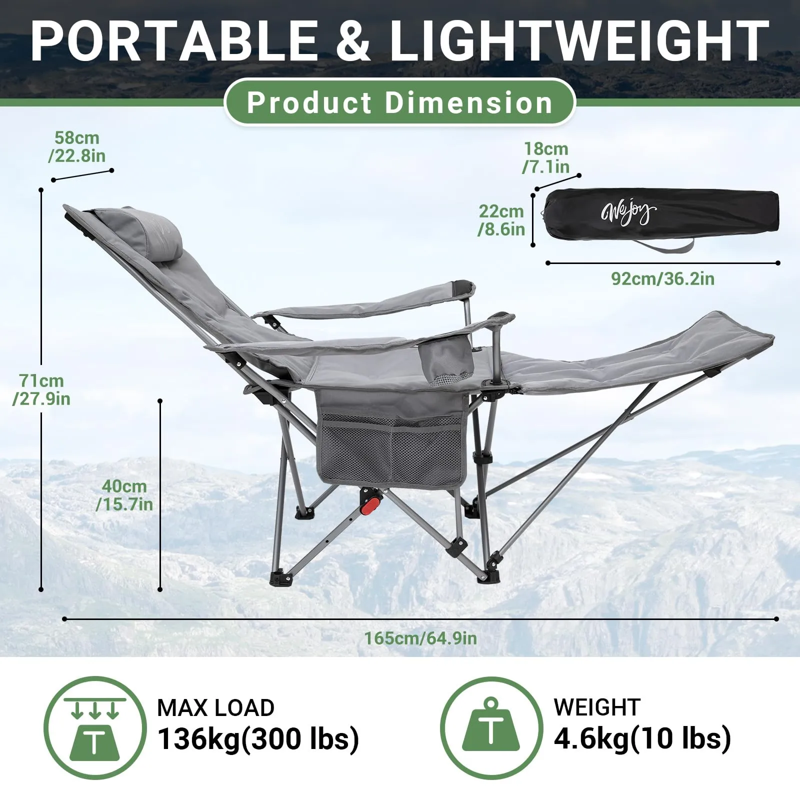 WEJOY Padded Reclining Camping Chair 3-Adjustable Positions with Detachable Footrest