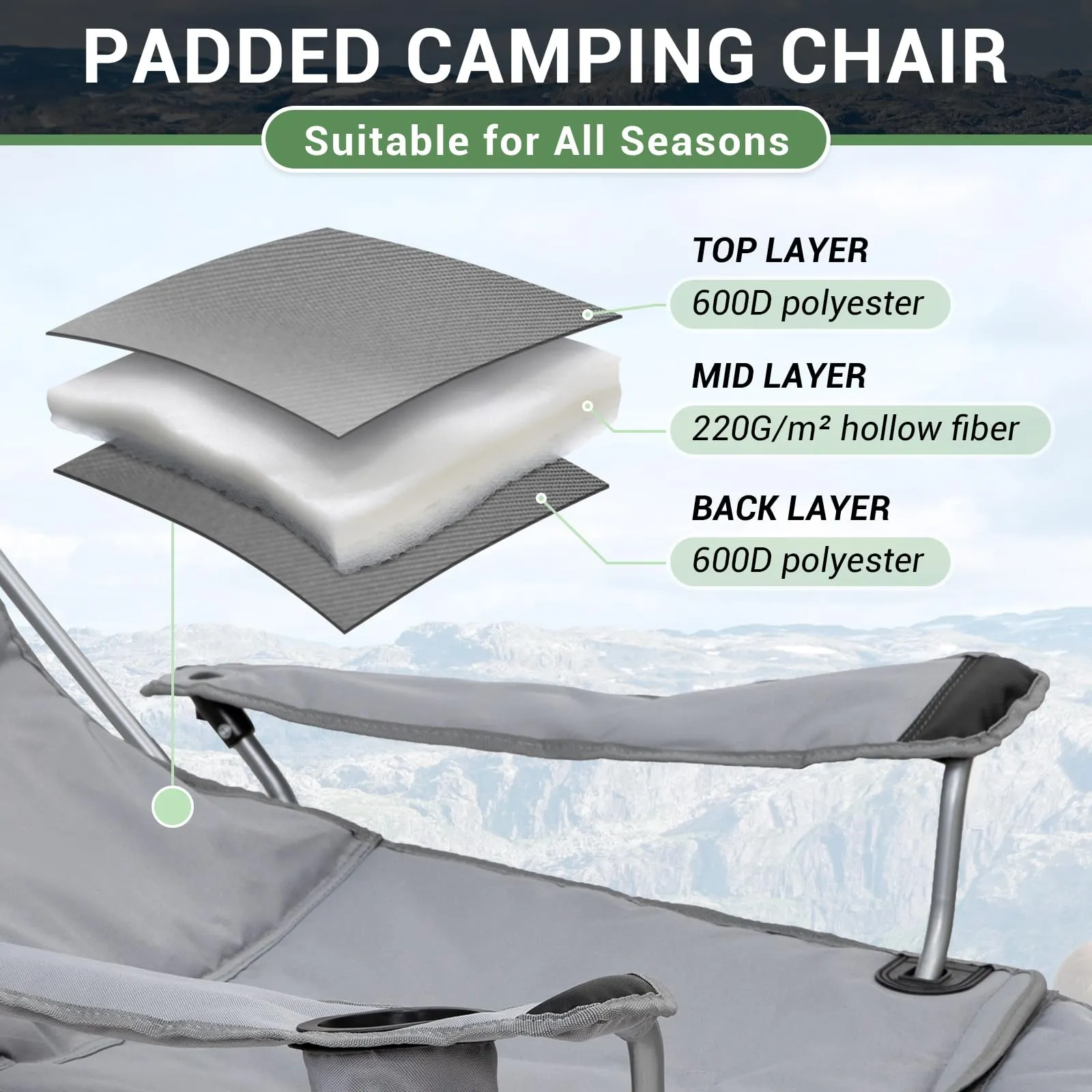 WEJOY Padded Reclining Camping Chair 3-Adjustable Positions with Detachable Footrest