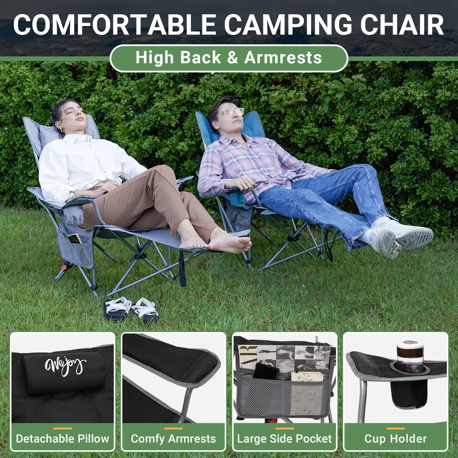 WEJOY Padded Reclining Camping Chair 3-Adjustable Positions with Detachable Footrest