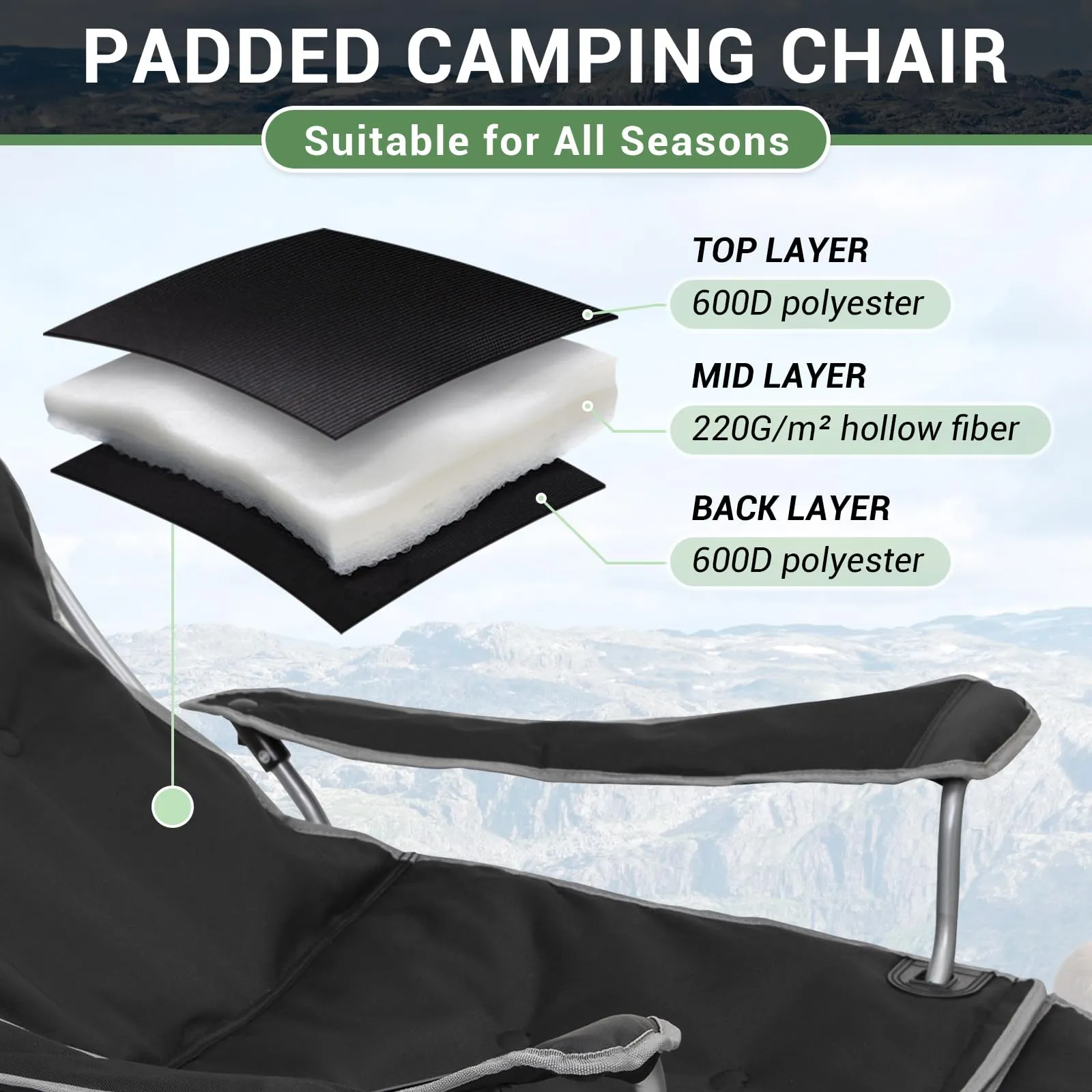 WEJOY Padded Reclining Camping Chair 3-Adjustable Positions with Detachable Footrest