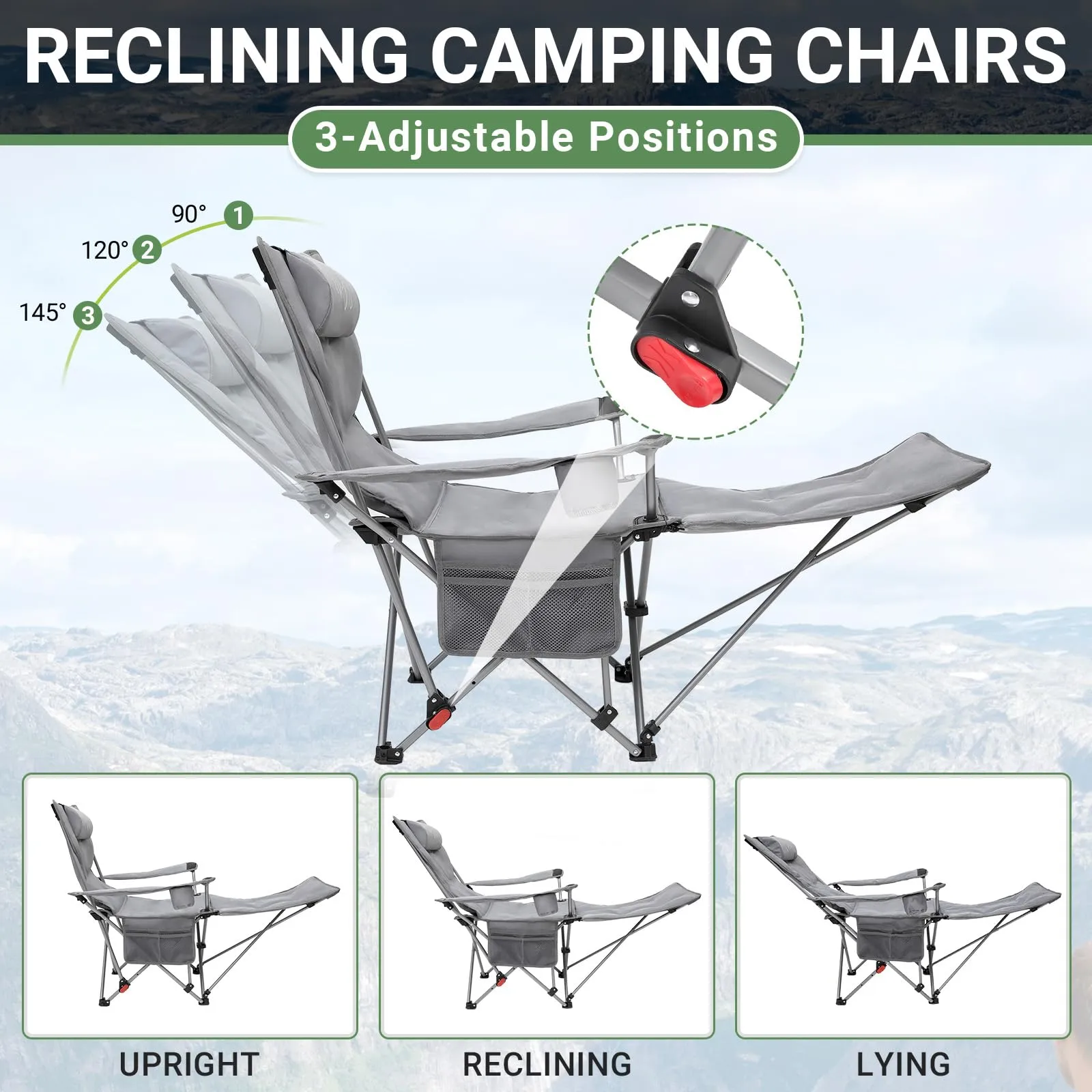 WEJOY Padded Reclining Camping Chair 3-Adjustable Positions with Detachable Footrest