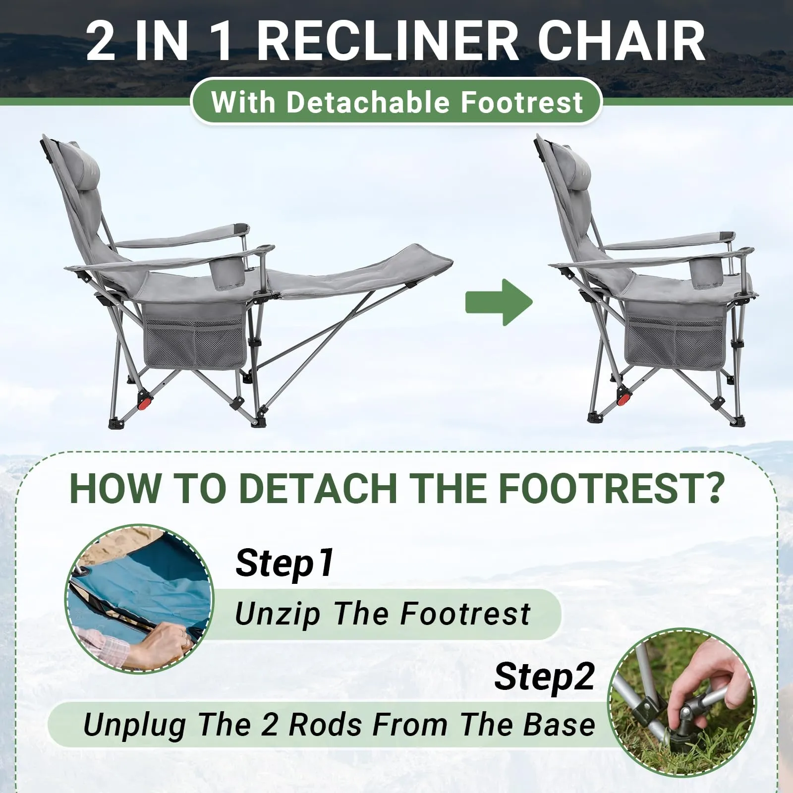 WEJOY Padded Reclining Camping Chair 3-Adjustable Positions with Detachable Footrest