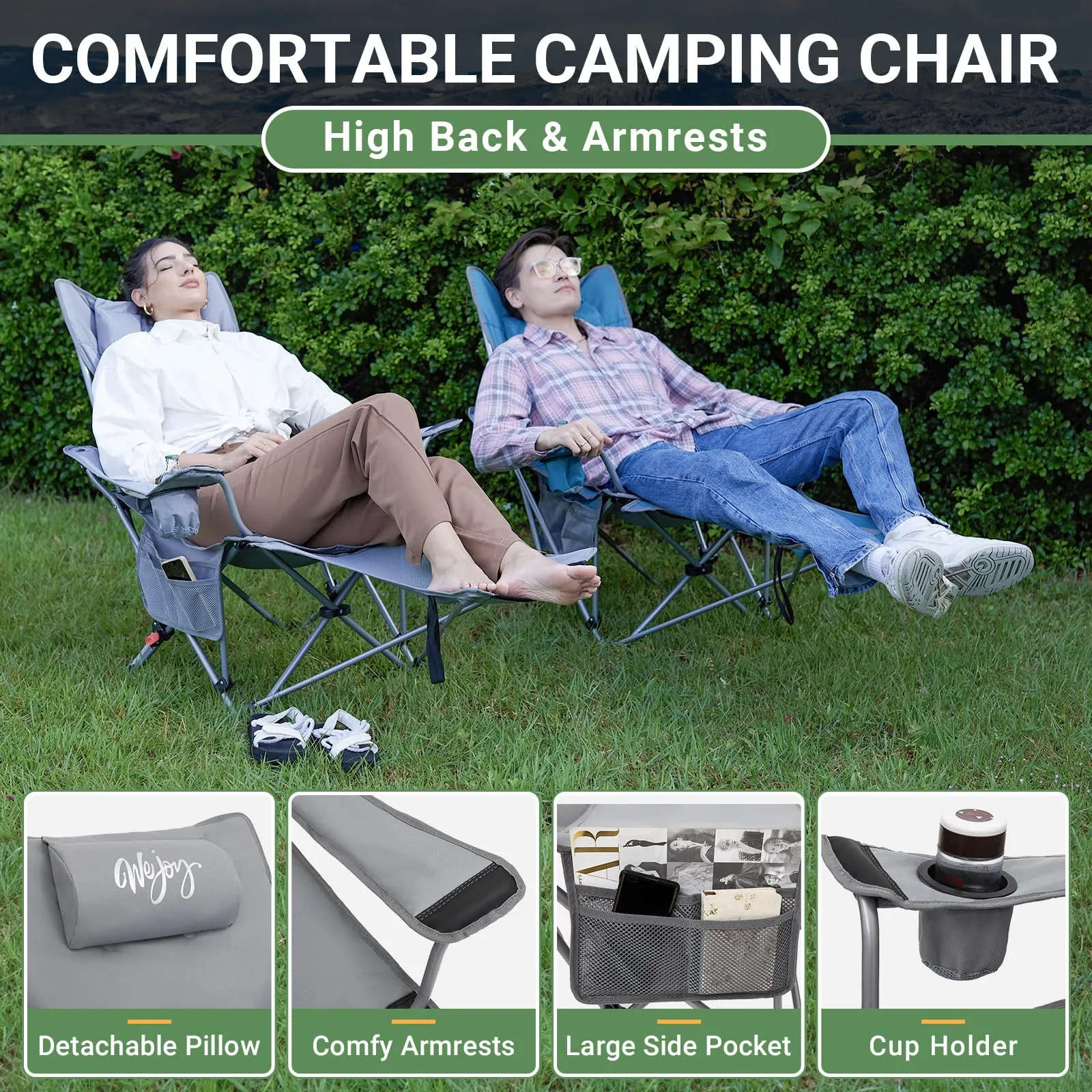 WEJOY Padded Reclining Camping Chair 3-Adjustable Positions with Detachable Footrest