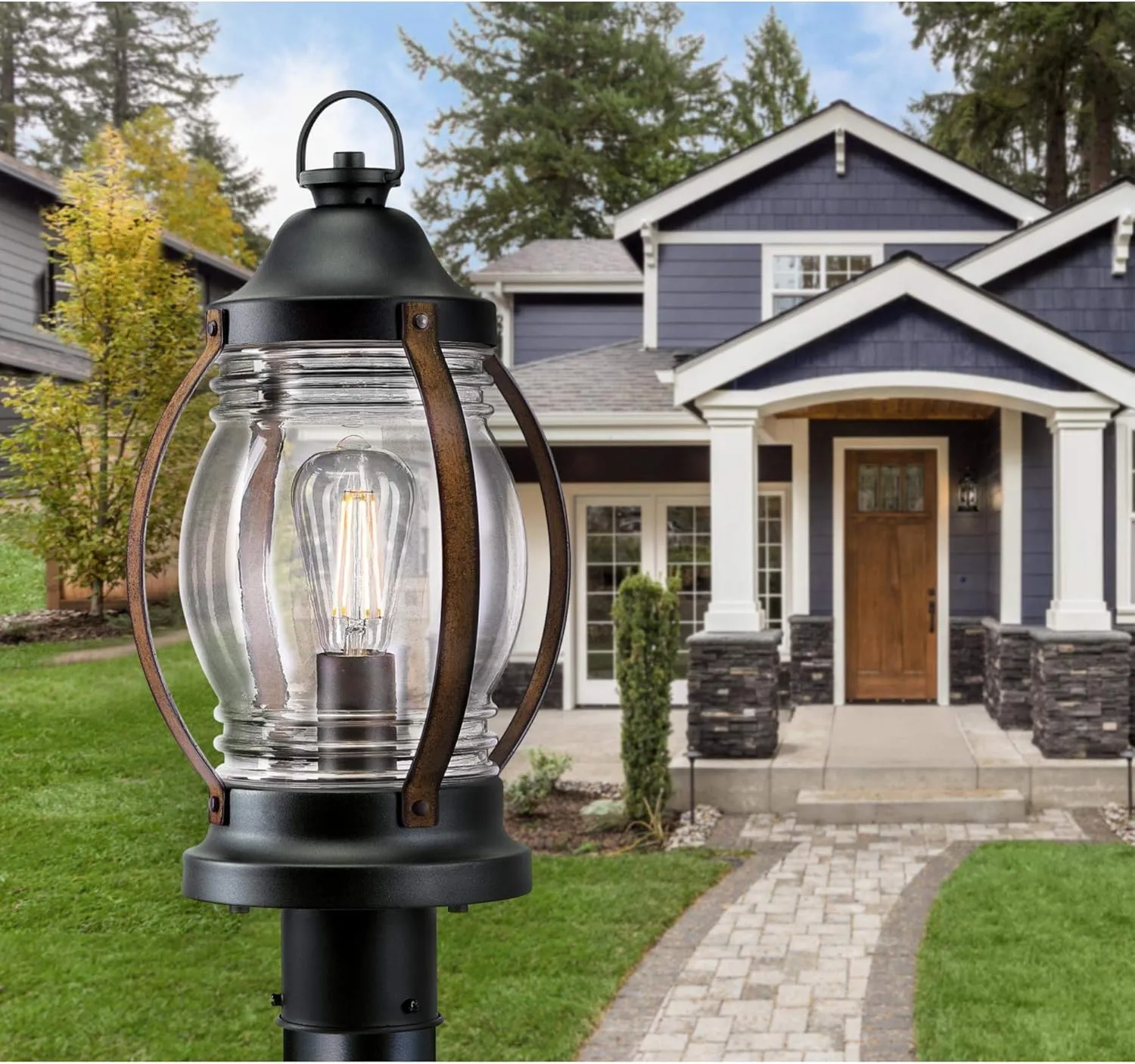 Westinghouse 6578800 Canyon Rustic One-Light Outdoor Post Top Light Fixture Textured Black and Barnwood Finish, Clear Glass
