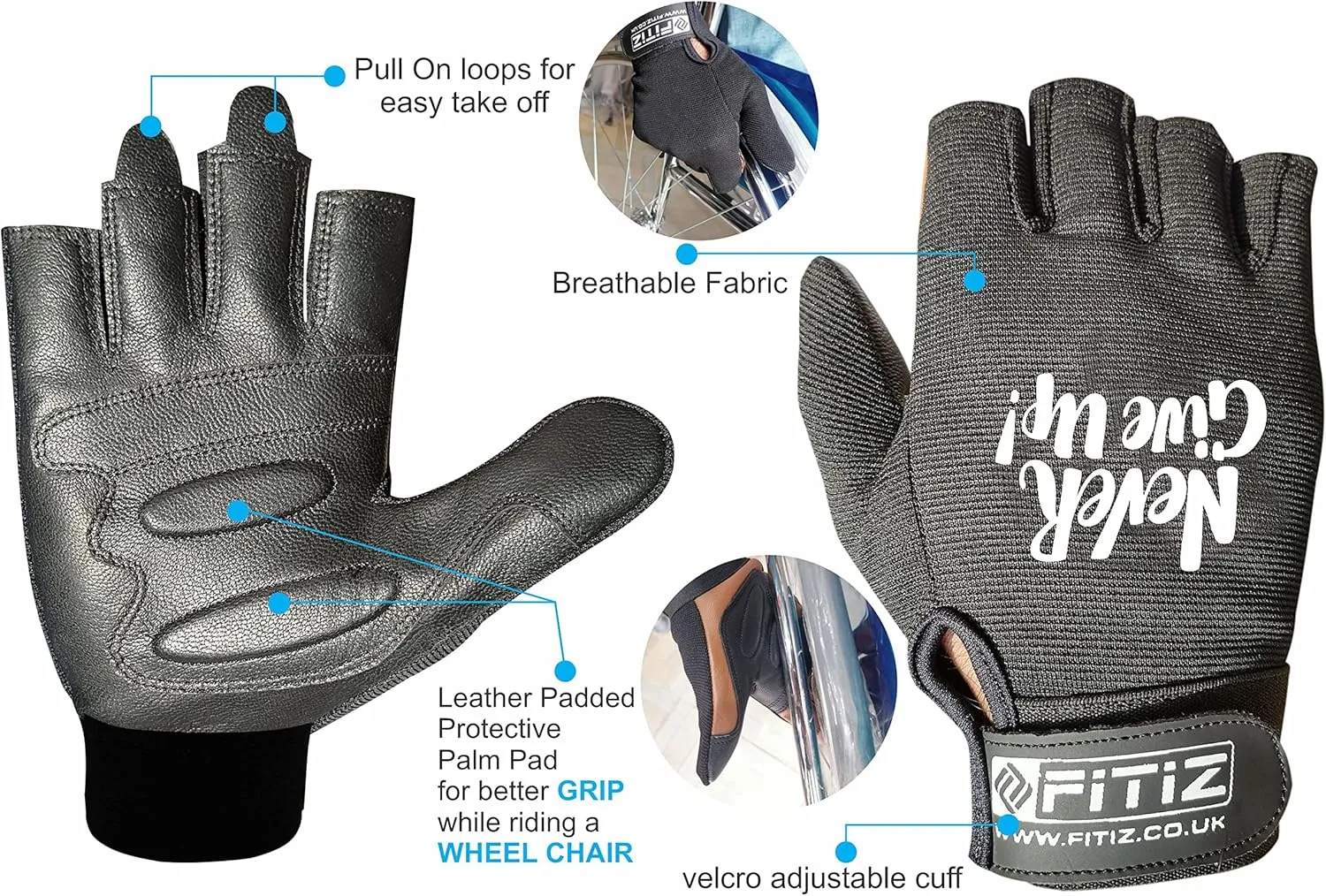 Wheelchair Gloves Real Leather Palm Gloves Mobility Padded Gloves Breathable, Fingerless Bike Gloves with Anti-Slip Grip Lightweight Cycling Gloves