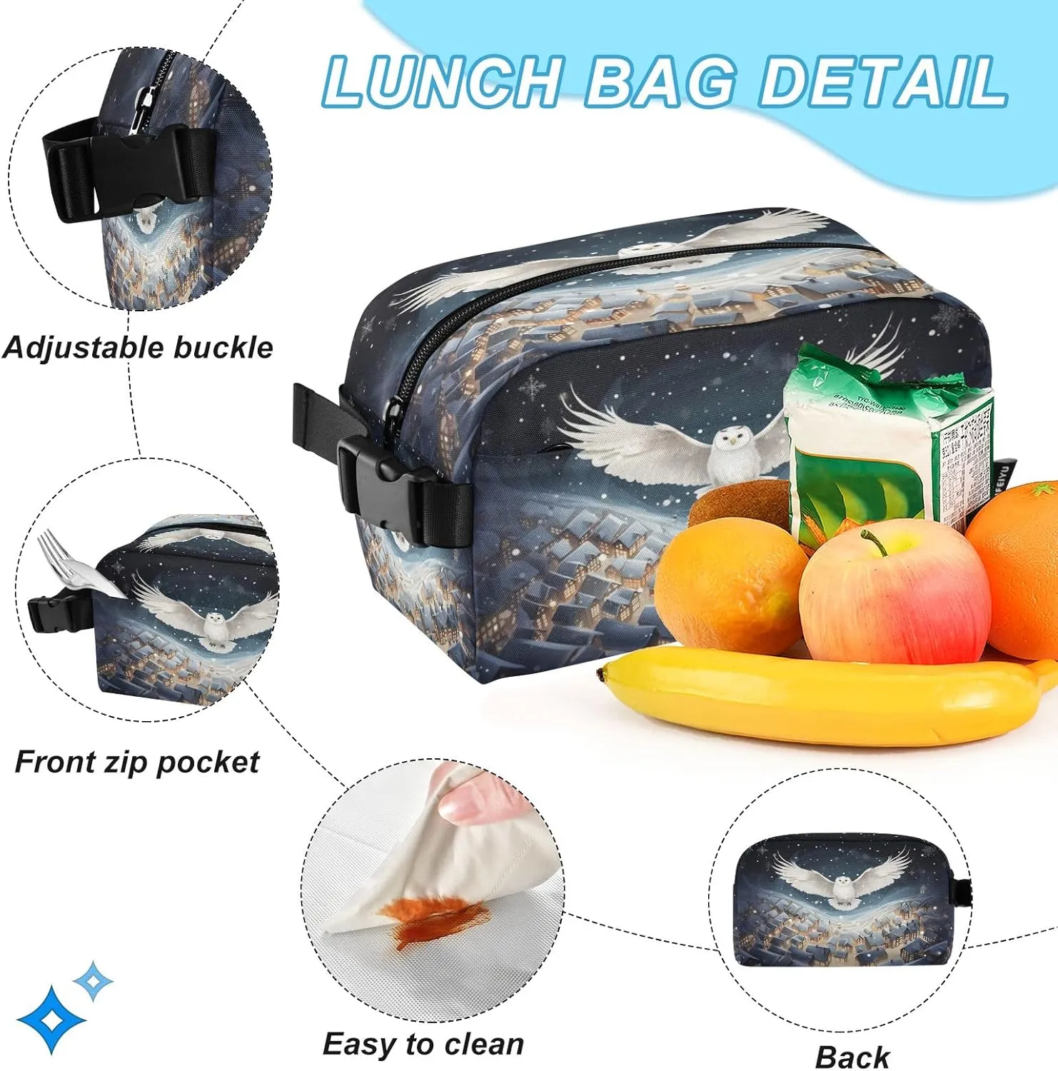 White Owl Backpack for Kids Lightweight Travel Schoolbags with Lunch Box Set, A01E23037