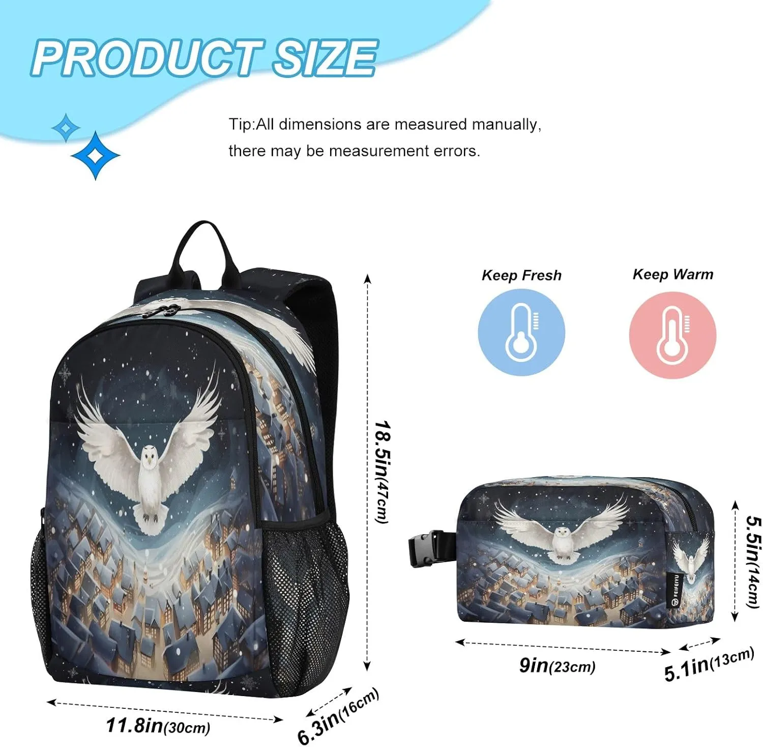 White Owl Backpack for Kids Lightweight Travel Schoolbags with Lunch Box Set, A01E23037