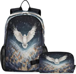 White Owl Backpack for Kids Lightweight Travel Schoolbags with Lunch Box Set, A01E23037