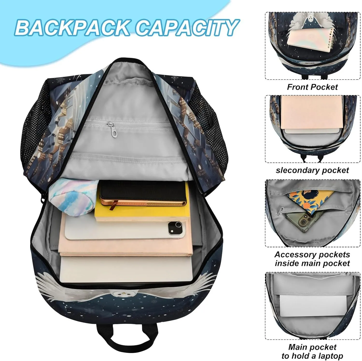 White Owl Backpack for Kids Lightweight Travel Schoolbags with Lunch Box Set, A01E23037