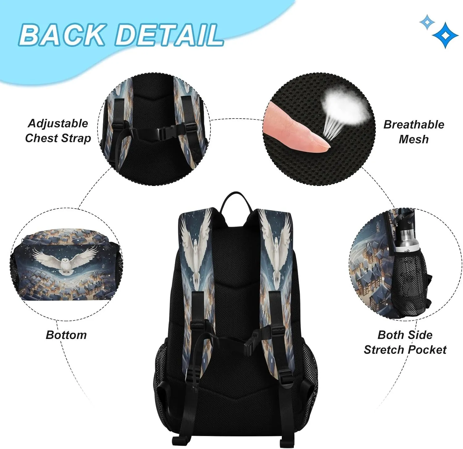 White Owl Backpack for Kids Lightweight Travel Schoolbags with Lunch Box Set, A01E23037