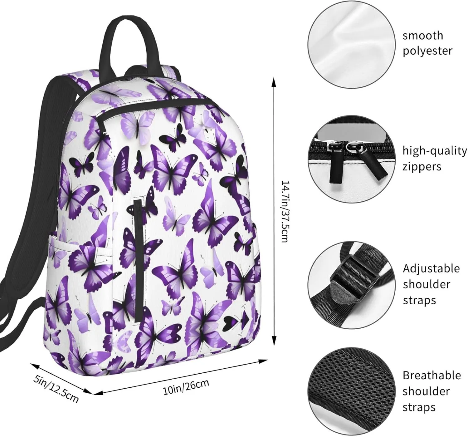 White Purple Butterflies Print Lightweight Backpack, Travel Bookbag College Bag,Laptop Backpack For Men Women