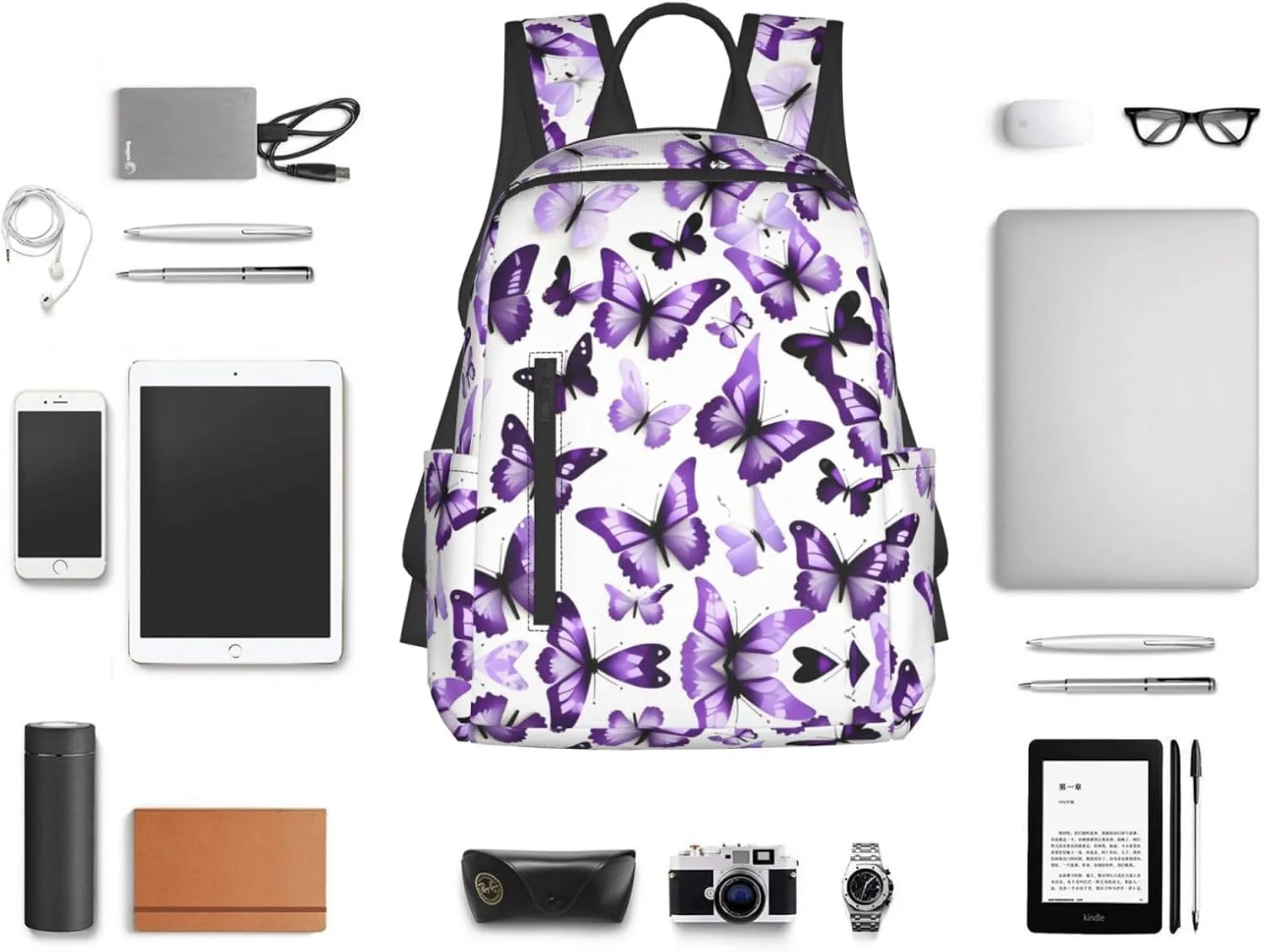 White Purple Butterflies Print Lightweight Backpack, Travel Bookbag College Bag,Laptop Backpack For Men Women
