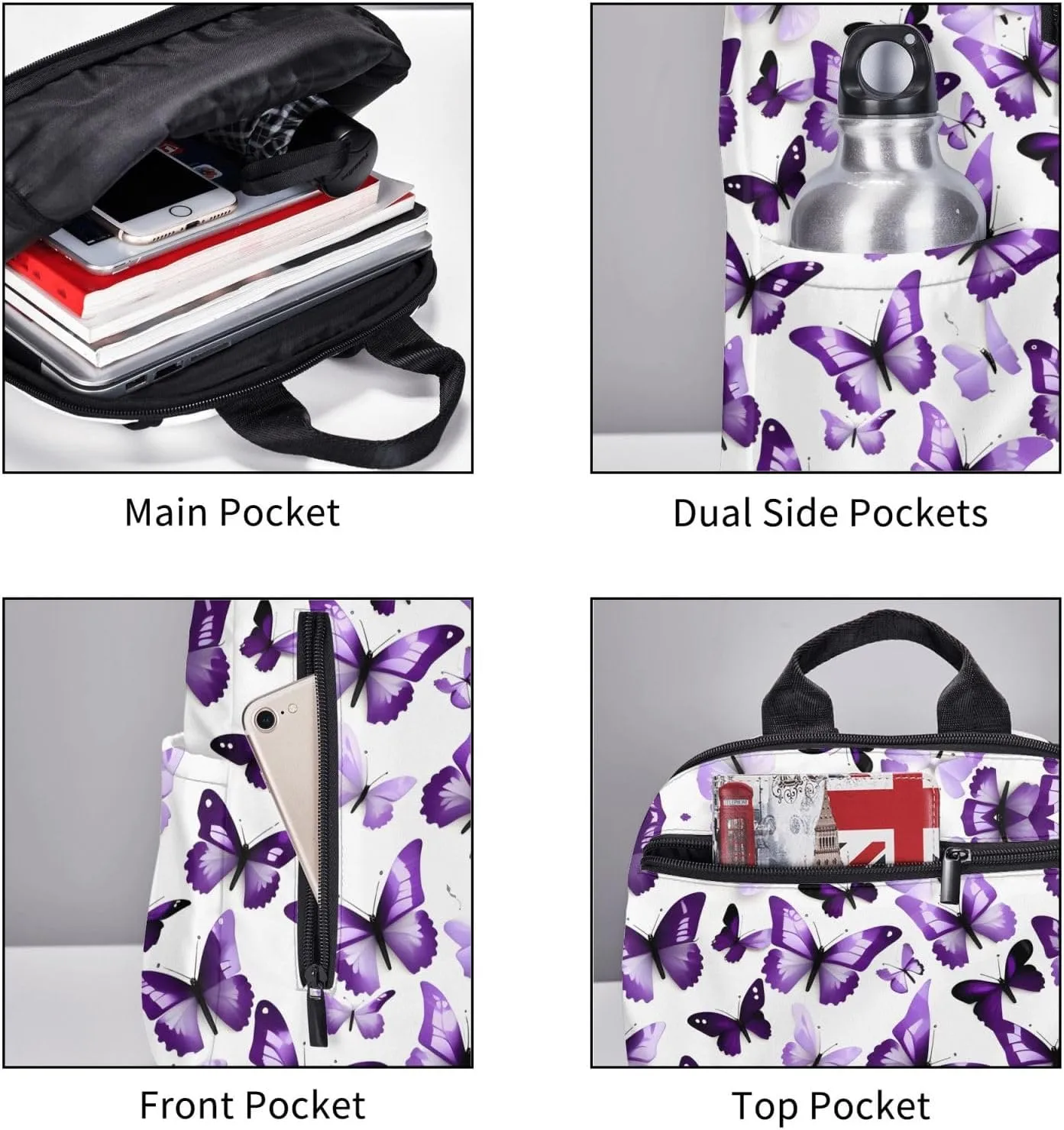 White Purple Butterflies Print Lightweight Backpack, Travel Bookbag College Bag,Laptop Backpack For Men Women