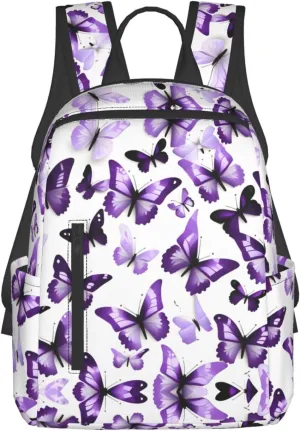 White Purple Butterflies Print Lightweight Backpack, Travel Bookbag College Bag,Laptop Backpack For Men Women
